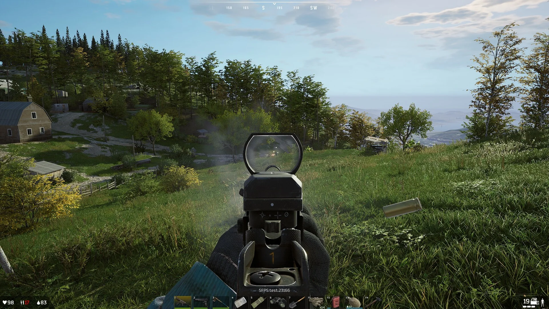 Deadside first-person view with a red-dot sight and hotbar for config and crosshair context